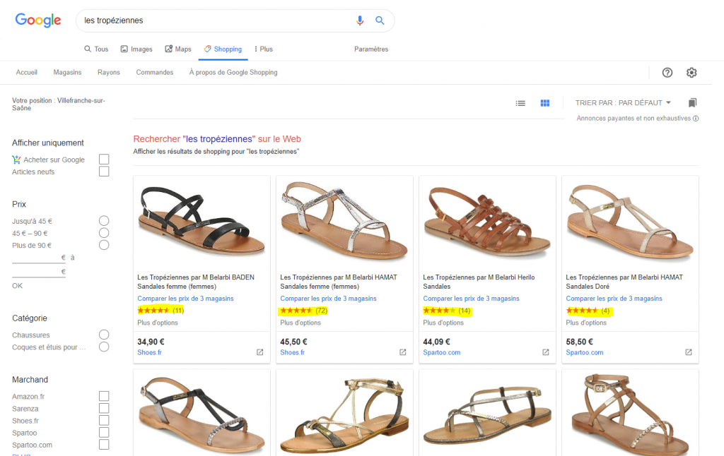 Aperçu des avis Google Shopping pour des annonces de produits