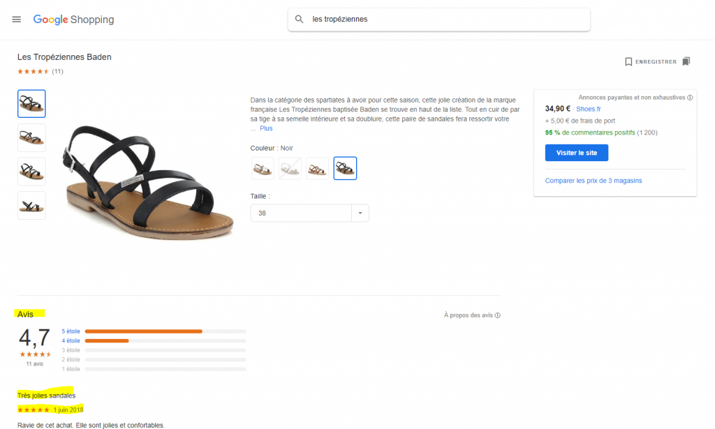 Fiche produit d’une annonce avec avis Google Shopping